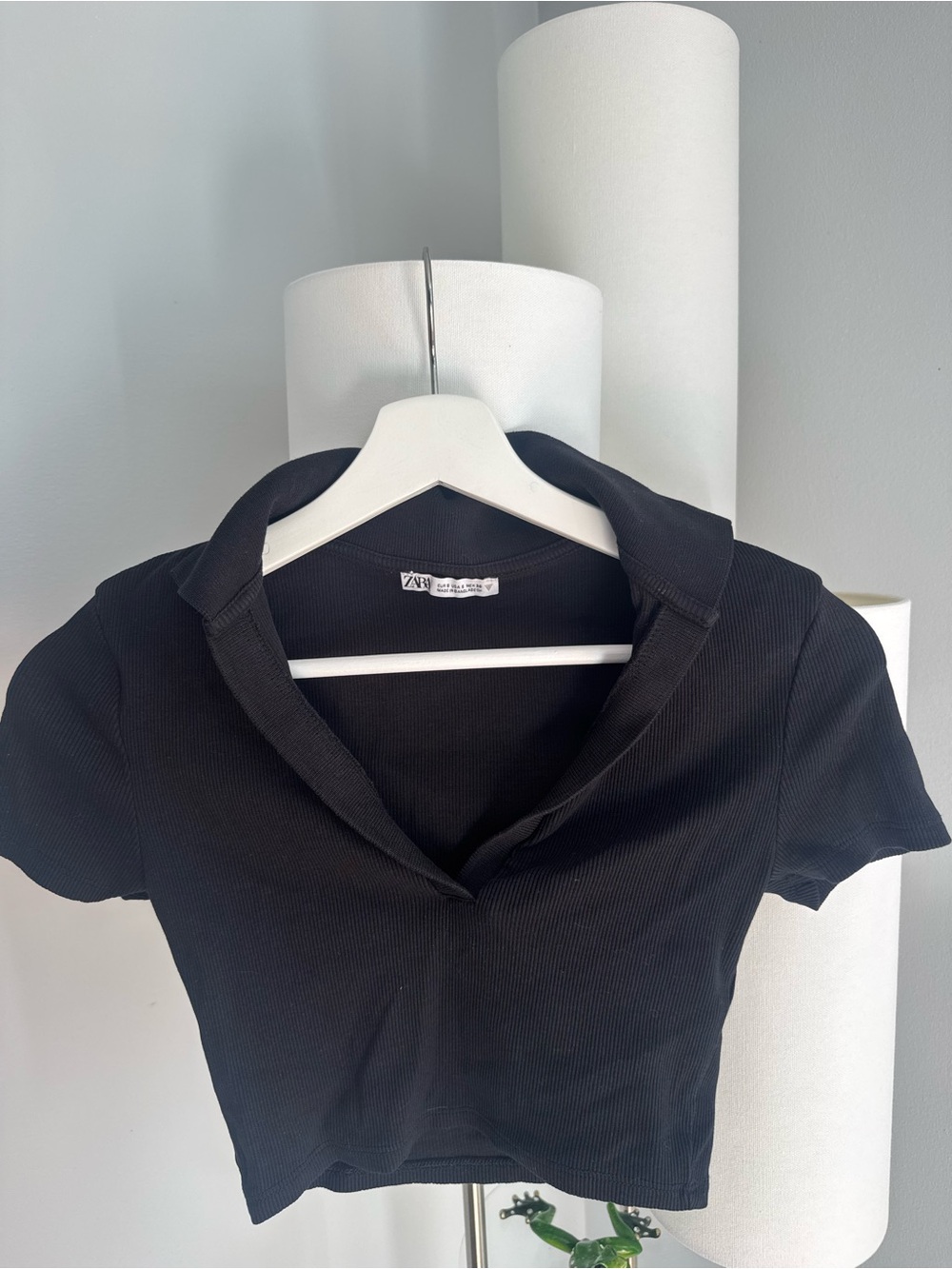 Zara Black Ribbed Short-Sleeve Polo Crop Top